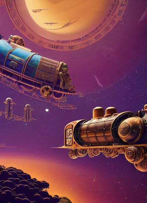 Image similar to a steampunk train in hyperspace by paolo eleuteri serpieri and tomer hanuka and chesley bonestell and daniel merriam and tomokazu matsuyama, unreal engine, high resolution render, featured on artstation, octane, 8 k, highly intricate details, vivid colors