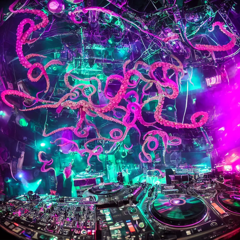 Image similar to award winning photo of an octopus! as a dj with tentacles! simultaneously placed turntables cdjs and knobs of a pioneer dj mixer. sharp, blue and fuschia colorful lighting, in front of a large crowd, studio, medium format, 8 k detail, volumetric lighting, wide angle, at an outdoor psytrance festival main stage at night