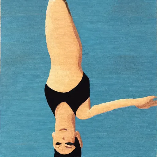 Image similar to acrylic painting on wood of a woman wearing a swimming cap diving from a high diving board into a pool. the pool is out of frame. teal, white, black and grayscale. simple. flat. 1 9 6 2