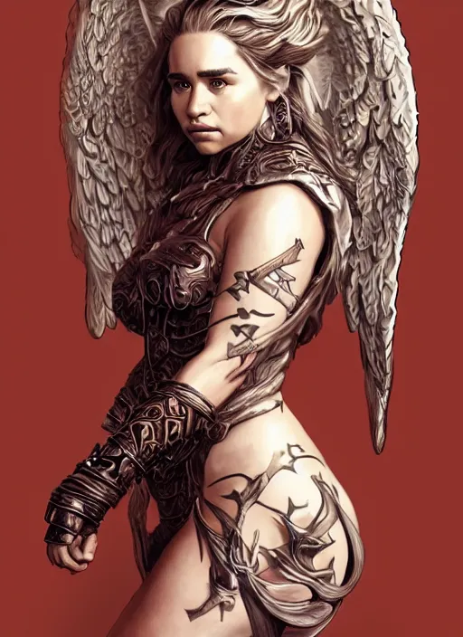 Image similar to Portrait of Emilia Clarke as an angel warrior , angelical runes tattooed all over his body, intricate body, whole body, highly detailed, digital painting, artstation, concept art, smooth, sharp focus, illustration, art by Hajime Sorayama