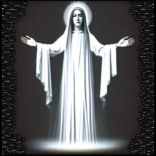 Image similar to vhs static overlay of marian apparition, vhs, 1 9 9 0, highly realistic, highly detailed, vhs noise static, black and white, vhs glitch