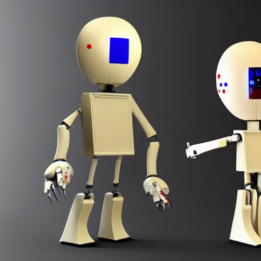 Prompt: a tall robot alien with beige skin and a cube head with screens and dots on it