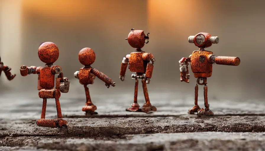 Prompt: miniture figurines of the rusty robots on an old metal table, HD 8K, depth of field, fstop 1.2, bokeh, dynamic lighting, 50mm lens