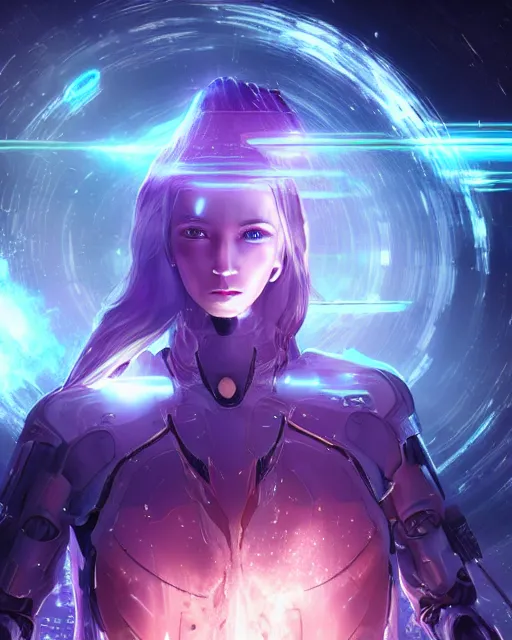 Prompt: photo of a android girl on a mothership, warframe armor, beautiful face, scifi, nebula, futuristic background, galaxy raytracing, dreamy, focused, sparks of light, complex, long white hair, blue cyborg eyes, glowing, 8 k high definition, insanely detailed, intricate, innocent, art by akihiko yoshida, antilous chao, woo kim