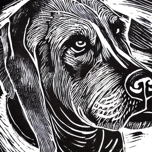 Prompt: linocut, black and white, hound dog