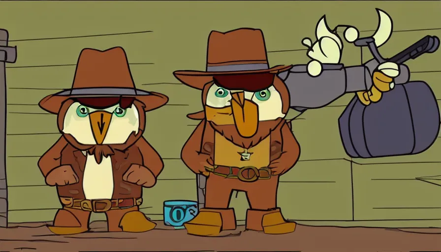 Image similar to 2000s cartoon show screenshot about a gunslinging owl from the wild west, wearing a cowboy hat an eye mask, standing in an old west town the animated show, in the style of cowboys of moo mesa