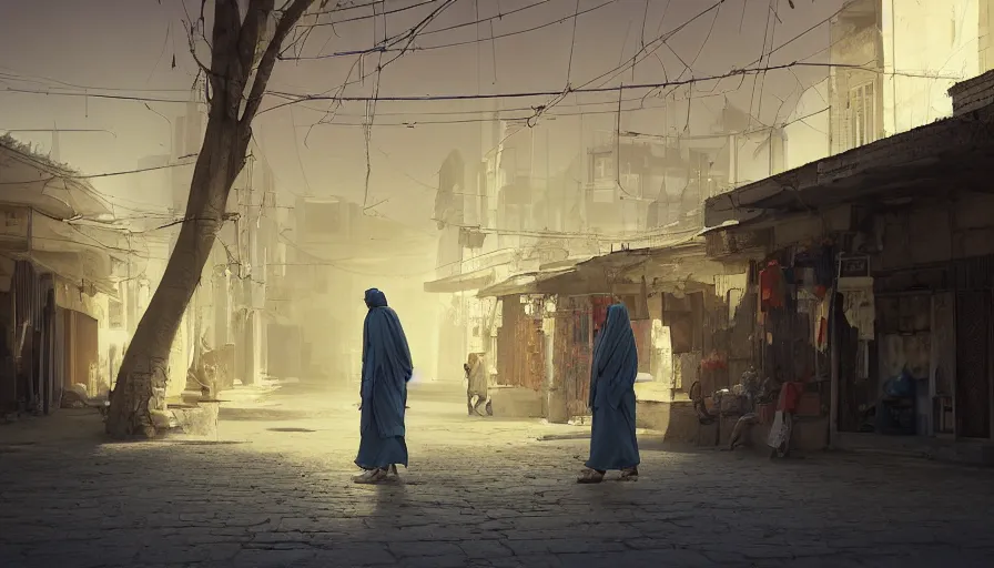 Prompt: old jeddah city stree, roshan, shops, a bright pharmacy, a nomad wearing a worn out coat, plants, old tree, kids, dramatic lighting fantasy, sci fi, by caspar david friedrich by beeple and james gilleard and justin gerard, centered, artstation, smooth, sharp focus, photoreal octane render, by jean baptiste monge