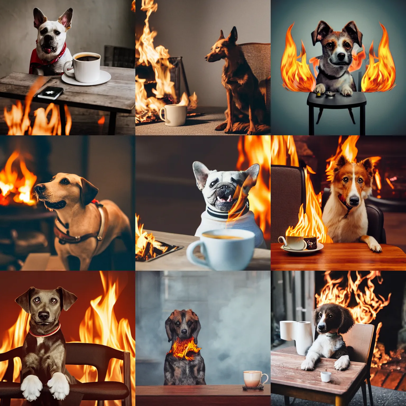 Prompt: photograph of anthropomorphic dog surrounded by fire sitting on a chair with cup of coffee on a table