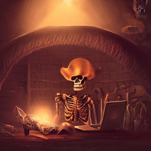 Image similar to a pirate skeleton with a pirate hat sitting in front of a laptop programming, dark room, light coming from crt monitor, highly detailed, intricate, digital art, trending on artstation, trending on cgsociety
