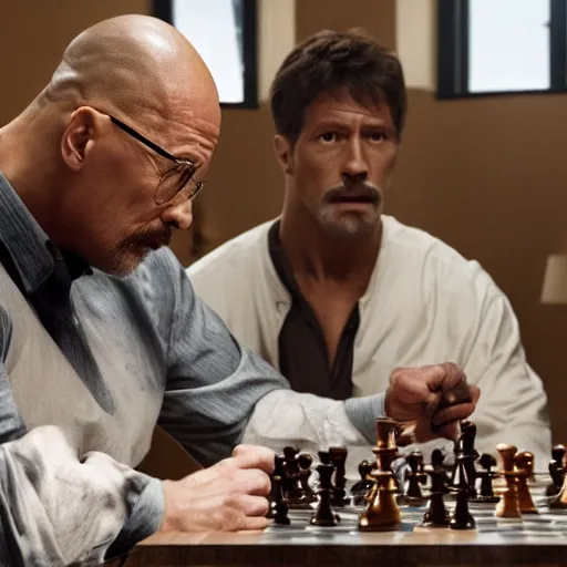 Prompt: photo of walter white and dwayne johnson playng chess, detailed 4 k