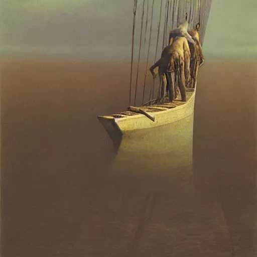 Image similar to a combat skiff by Zdzisław Beksiński, oil on canvas