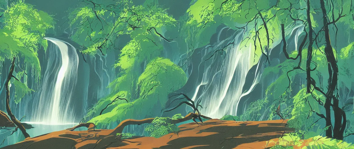 Image similar to eyvind earle disney background art of a beautiful waterfall in a forest