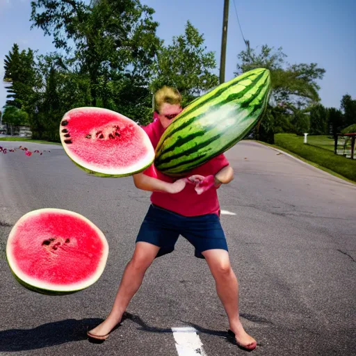 Prompt: a watermelon smashing against a stop sign. Watermelon bits flying everywhere.