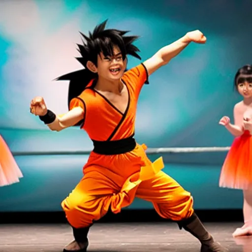 Prompt: son goku wearing a tutu dancing in a ballet