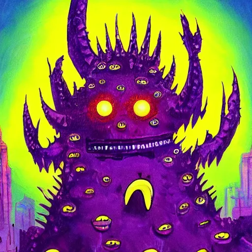 Prompt: A beautiful painting of a large, monster looming over a cityscape. The monster has several eyes and mouths, and its body is covered in spikes. It seems to be coming towards the viewer, who is looking up at it in fear. neon purple, realism, infrared by Dustin Nguyen