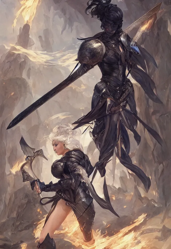 Image similar to woman dressed in plate armor with black hair and blue eyes wielding a greatsword, elegant, digital illustration, fire magic, detailed, intricate, sharp focus, digital painting, deep focus, digital painting, artstation, concept art, matte, art by artgerm and greg rutkowski and alphonse mucha