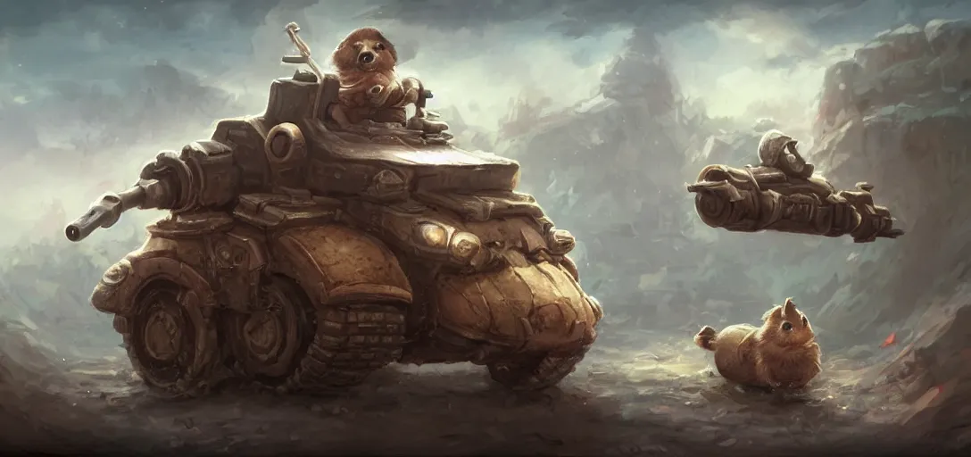 Image similar to cute little anthropomorphic Guinea Pig driven tank battalion driving towards a city, ultra wide lens shot , tiny, small, short, cute and adorable, pretty, beautiful, DnD character art portrait, matte fantasy painting, DeviantArt Artstation, by Jason Felix by Steve Argyle by Tyler Jacobson by Peter Mohrbacher, cinematic lighting