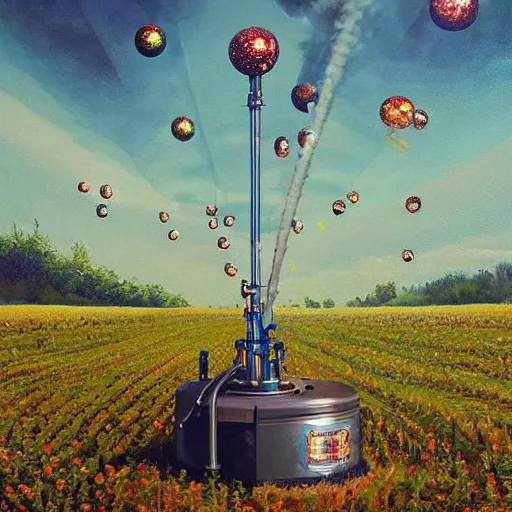 Prompt: a beautiful painting by thomas brom trending on artstation A farm of disco balls, by beeple and james gurney trending onartstation A supersonic irrigation device invented in the woodmarked plain