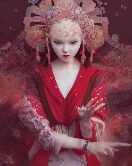 Prompt: detailed photo of pearl japanese doll, beautiful clothes, innocent, elegant red dress, 8 k, by tristan eaton, stanley artgermm, tom bagshaw, greg rutkowski, carne griffiths, trending on deviantart, hyper detailed, glorious lighting, epic environment