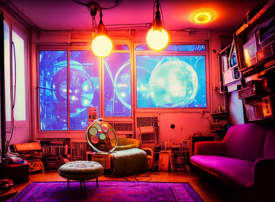 Image similar to telephoto 7 0 mm f / 2. 8 iso 2 0 0 photograph depicting the feeling of chrysalism in a cosy cluttered french sci - fi ( art nouveau ) cyberpunk apartment in a pastel dreamstate art cinema style. ( discoball, computer screens, window ( city ), fish tank, lamp ( ( ( armchair ) ) ) ), ambient light.