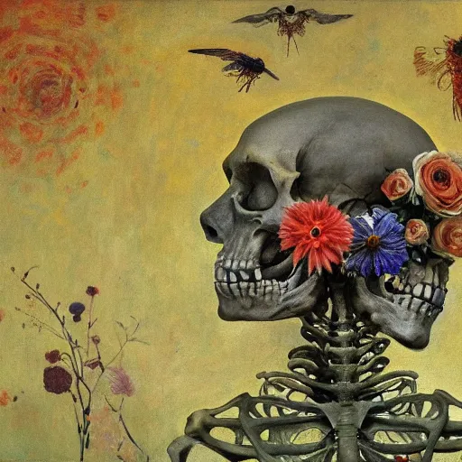 Prompt: 'Life from death' A beautiful detailed aesthetic horror full body painting depicting 'A skeleton with plants and flowers growing all over it, birds and bees flying all around it' by Odilon Redon and giuseppe arcimboldo, Trending on cgsociety artstation, 8k, masterpiece, cinematic lighting.