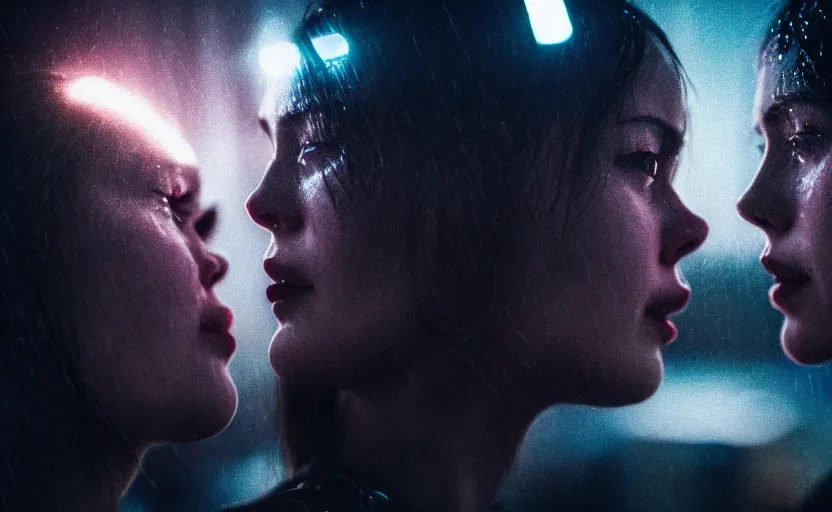 Image similar to cinestill 5 0 d candid photographic portrait by christopher nolan of two loving female androids sobbing wearing rugged black mesh techwear in treacherous waters, extreme closeup, modern cyberpunk moody emotional cinematic, pouring iridescent rain bright spotlight, 8 k, hd, high resolution, 3 5 mm, f / 3 2, ultra realistic faces, ex machina