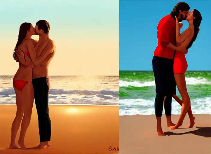 Image similar to couple, man and woman on the beach in couple vol 2 photo reference pack for artists - 2 2 0 jpegs pose, sweet hugs, gold trim, atmoshperic, elegant, sharp focus, sand sea, red sun, huge lips, by by satine zillah, artstation, intricate details