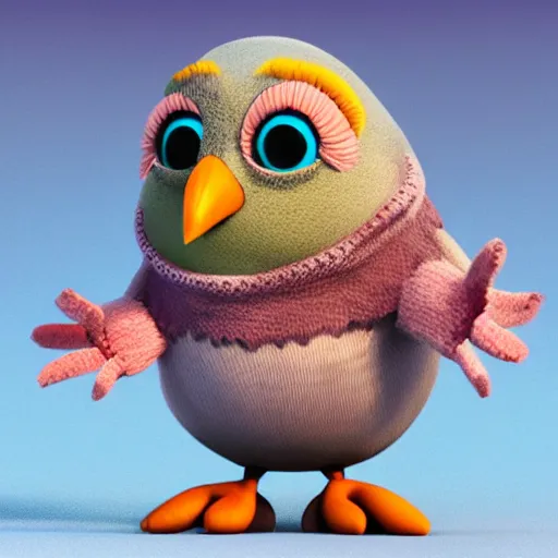 Image similar to cute bird character wearing a sweater, Disney Pixar, in the style of claymation, high detail, detailed feathers and fur, 3d render