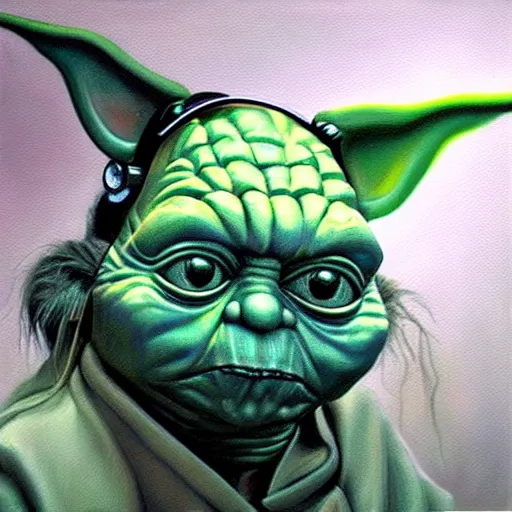 Prompt: a realistic oil painting of yoda as a cybernetic cyborg, surrealism portrait, surrealism album cover