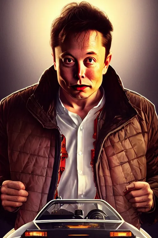 Image similar to elon musk as marty mcfly near delorean, realistic portrait, symmetrical, highly detailed, digital painting, artstation, concept art, smooth, sharp focus, illustration, cinematic lighting, art by artgerm and greg rutkowski and alphonse mucha