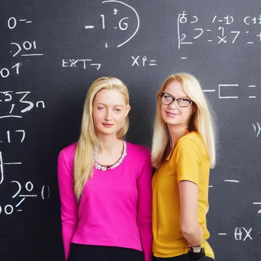 Prompt: Two blonde mathematics teachers together in a university class near a blackboard, fashion photography by Annie Leibovitz, hyperrealistic, highly detailed, depth of field, High definition, 8k, octane render, artstation