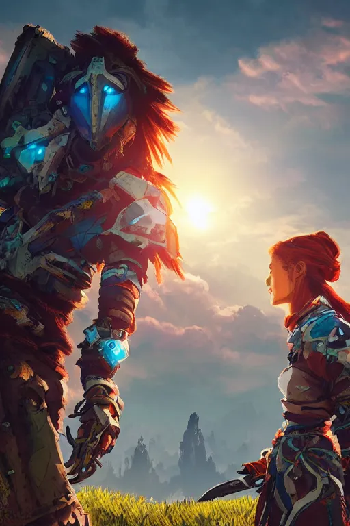 Image similar to combination suit armor aloy horizon forbidden west horizon zero dawn radiating a glowing aura global illumination ray tracing hdr fanart arstation by ian pesty and alena aenami artworks in 4 k tribal robot ninja mask helmet backpack