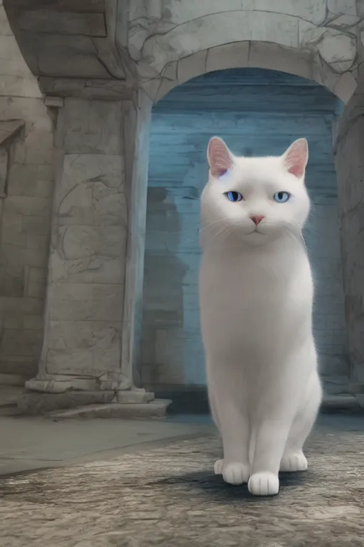 Image similar to a white cat with blue eyes wearing a red formal overcoat, hyperrealistic, concept art, octane render, unreal engine 5, realistic and defined face, profile picture, digital art, pixar and disney style, symmetrical, high quality, highly detailed, high coherence, path traced, house background, low contrast, beautiful, elegant clothes