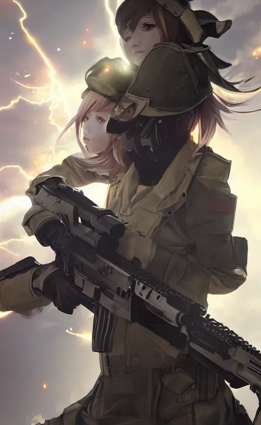 Image similar to a battle sequence, flashy shots, highly detailed, high resolution, character design art, stunning, volumetric lightning, realistic guns, girls frontline style, matte, sharp focus, 150mm, illustration, artstation, by kuvshinov ilya, realistic human anatomy, simple design, realistic military gear