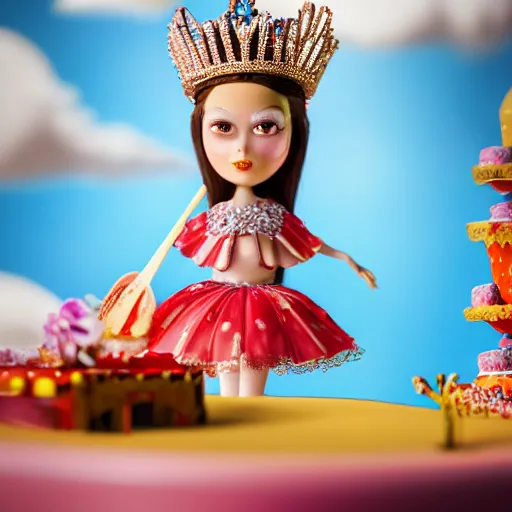 Image similar to closeup face profile portrait of a tin toy fairytale princess wearing a crown eating cakes, bikini, depth of field, zeiss lens, detailed, symmetrical, centered, fashion photoshoot by max fleischer, hyperrealistic, octane render