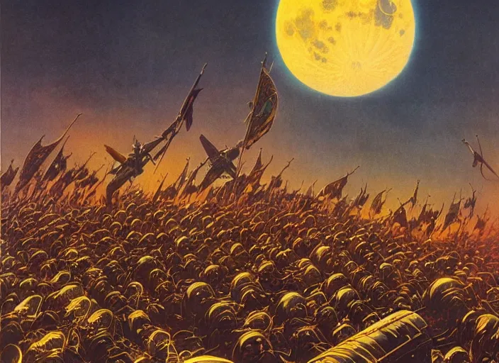 Prompt: beautiful as the moon, terrible as an army with banners. art by michael whalen and bruce pennington