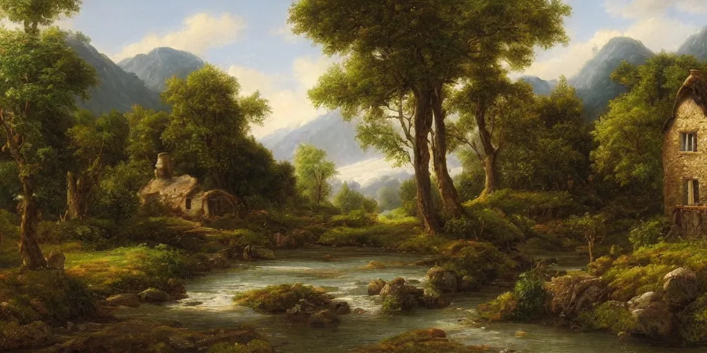 Image similar to a beautiful landscape painting of a cottage by a river in a valley, by john glover, oil on canvas, highly detailed, hd, 4 k