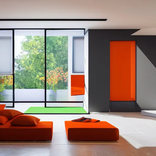 Image similar to interior of a house, modern minimal design, orange color scheme, vivid colors, photorealist, 4 k