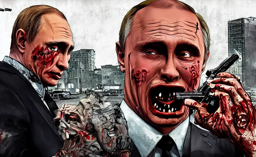 Image similar to Putin Zombie in GTA V, cover art by Stephen Bliss, artstation, no text