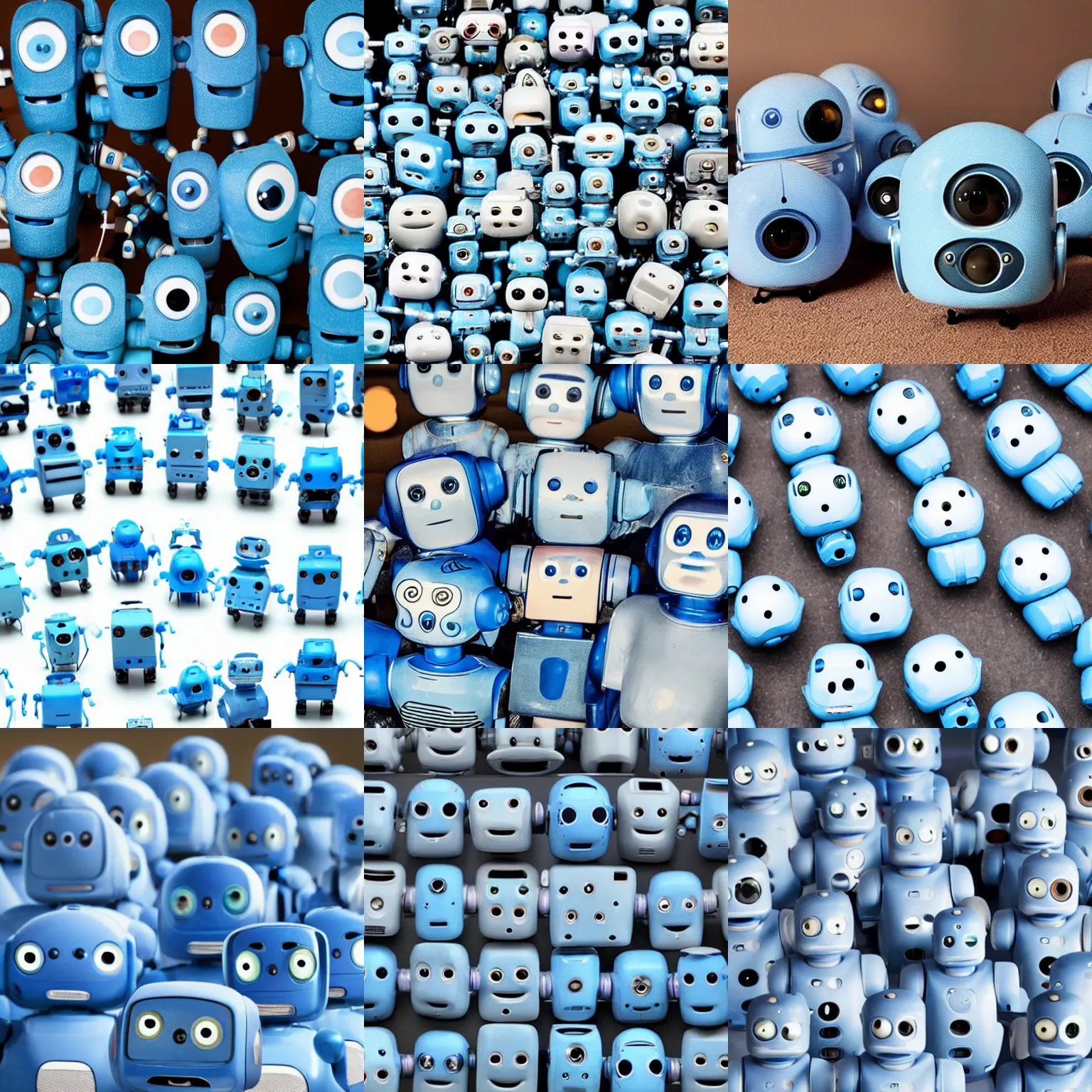 Prompt: 12 small blue robots with cute faces and bright white eyes looking at the camera
