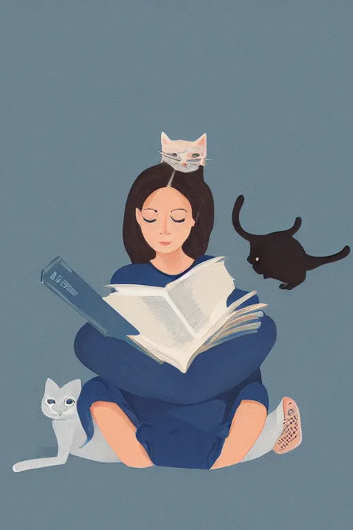 Image similar to a digital painting of a girl reading a book with a cat in A comfortable study room at night,blue and grey theme,JK uniform ,Hairdryer,blue theme,S line, by anmi and reoenl and krenz and wlop