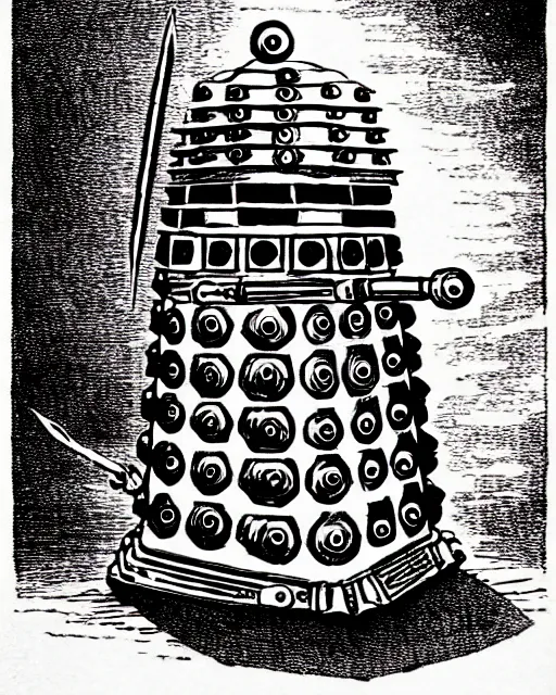 Prompt: a dalek as a d & d monster, pen - and - ink illustration, etching, by russ nicholson, david a trampier, larry elmore, 1 9 8 1, hq scan, intricate details, high contrast, no background