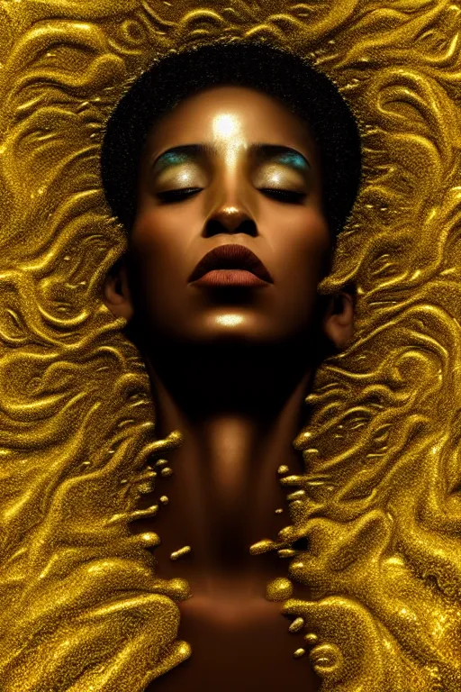 Image similar to hyperrealistic modern cinematic very expressive! profile black oshun goddess, head emerging from water, mirror dripping droplet!, gold flowers, highly detailed face, digital art masterpiece, smooth eric zener cam de leon, dynamic pearlescent teal light, low angle uhd 8 k, sharp focus