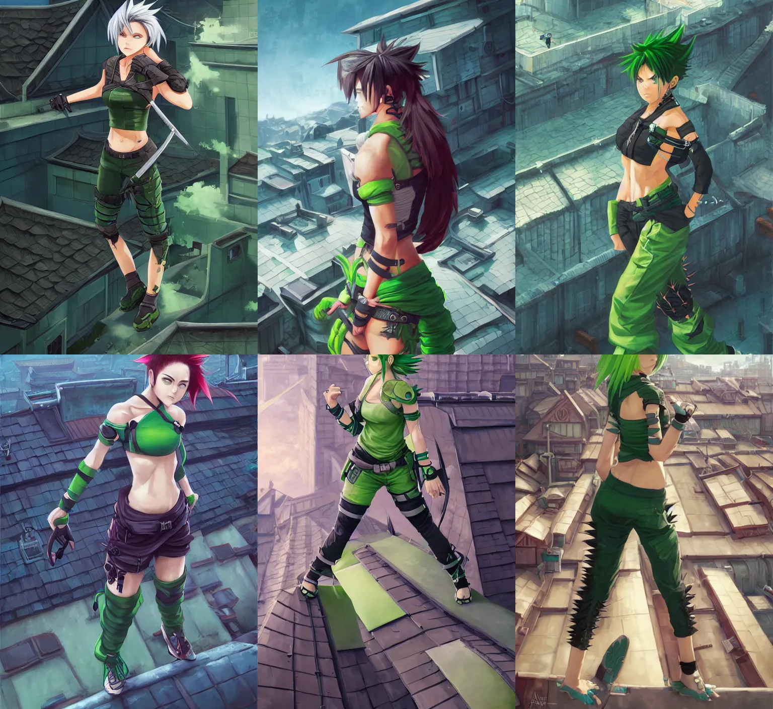 Prompt: athletic female ninja with spiky anime hair wearing a croptop and baggy pants, hiding in the rooftops, green color scheme, realistic 4k, highly detailed, art by Andreas Rocha