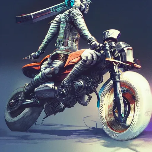 Image similar to extremely detailed realistic render of a cyberpunk samurai riding a motorcycle by James Jean, carig mullins and Syd mead perspective shot ArtStation, CGSociety