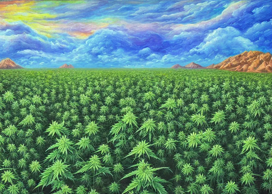 Prompt: cannabis fields on a beautiful alien landscape, colorful oil painting, highly detailed