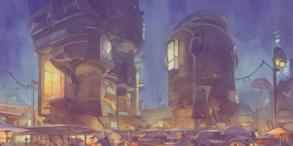 Image similar to overwatch building, stylized, exterior, architecture, in watercolor gouache detailed paintings, insanely detail, artstation, 8 k, futuristic, big medium small, arcane, simon stalenhag, food stall, interesting shapes & form, golden ratio, megastructures, vitaly bulgarov, mall, elites, clean, night scene, afterdark, evening