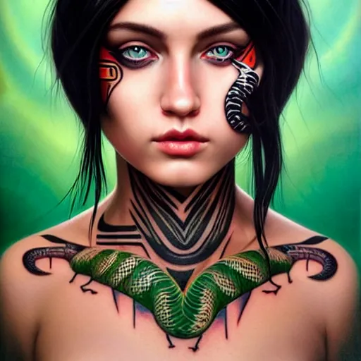 Image similar to ultra realistic portrait painting of a perfect beautiful woman green eyes black hair, neck tribal snake tattoo, painted by Tristan Eaton Stanley Artgerm and Tom Bagshaw