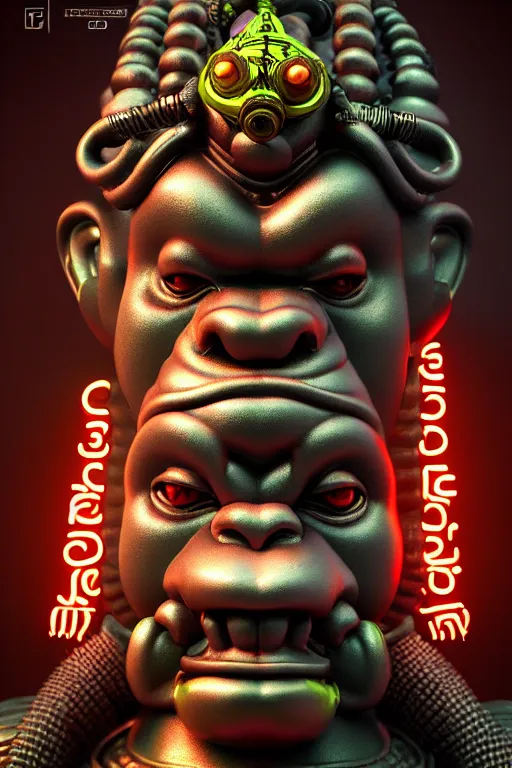 Image similar to high quality 3 d render post - rococo cyberpunk hanuman! head building, neon madhubani, open mouth, highly detailed, in sci - fi mumbai, cinematic smooth unreal engine, lee madgwick & liam wong, dramatic light, low angle, uhd 8 k, sharp focus