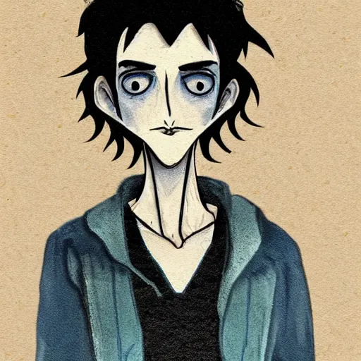 Image similar to young man portrait, black hair, skinny, sleep deprived, corpse bride art style